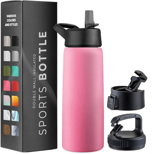 Borracce termiche isolanti a tripla parete da 750 ml, con cannuccia, bottiglia in metallo di acciaio inossidabile con 3 coperchi a prova di perdite, per viaggi, scuola, sport, palestra, uomini, donne