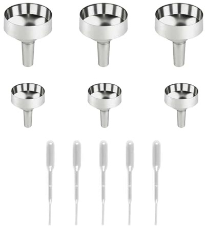 Generic Mini Funnel Set, 6 Funnels, 5 x 2 ml Droppers, 2 Sizes | 11-piece transfer set with 3 small and 3 large silver-coloured plastic funnels plus 5 clear droppers for narrow-neck bottles