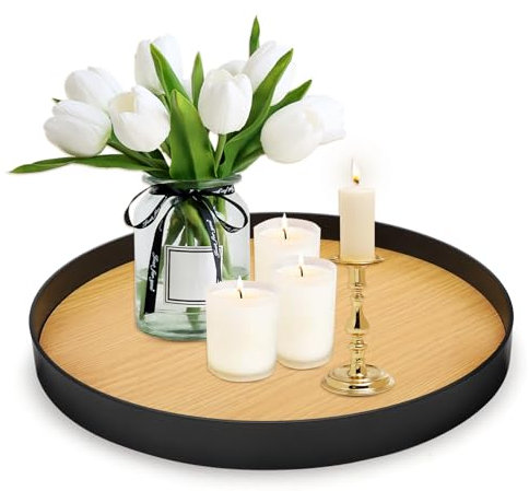 DAWRIS Deko Tablett Rund Dekotablett Serviertablett Holz Dekoteller Holztablett Kerzentablett Tablett Deko Kerzenteller Couchtisch Tischdeko für Adventskranz Teller Ø 26 cm