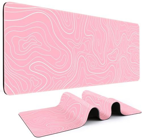 DIGSOM Gaming Mouse Pad 31.5 x 11.8 Inches, Large Mouse Pad with Non-Slip Rubber Base (Pink with White Topographic Line) | XL Mouse mat, Smooth surface, Anti-slip rubber base, For keyboard and mouse, For home and office use
