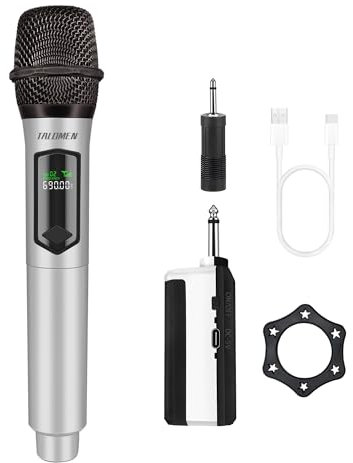 Talomen Microfono Wireless,Microphone Portatile a 2.4 GHz,Microfoni karaoke professionale,Sistema di microfoni dinamici con Ricevitore Ricaricabile,kit 2 microfoni per Karaoke,Festa,Canto K601Argenteo