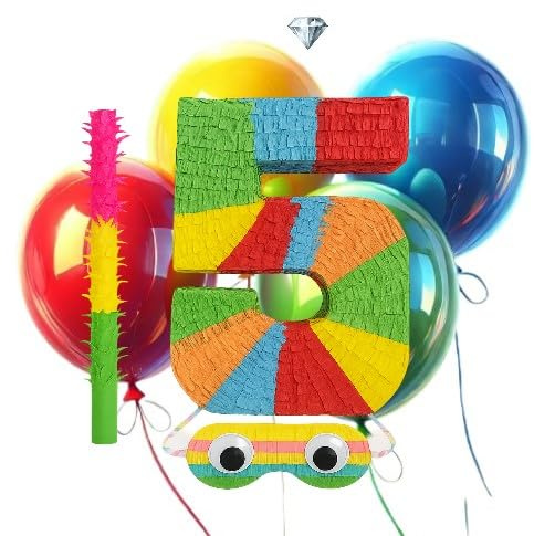 Whispering Fantasy Number 5 Shaped Piñata + Baton + Mask bundled with 4x Large Balloons - Make your party one that will be remembered long after - Height 50cm x Width 30.5cm x Depth 7.5cm