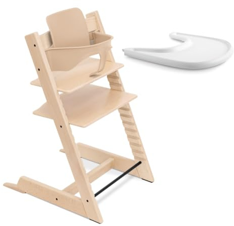 Seggiolone Stokke Tripp Trapp (Natural) con vassoio Stokke (White) - Include sedia Tripp Trapp e Baby Set 2 per bambini da 6 a 36 mesi - Regolabile e facile da pulire