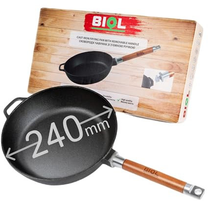 BIOL Poêle profonde en fonte avec manche en bois amovible de 24-26-28 cm pour induction, haute qualité, poêle universelle, rôtir, mijoter, cuisson facile (Sans Couvercle, 28cm)