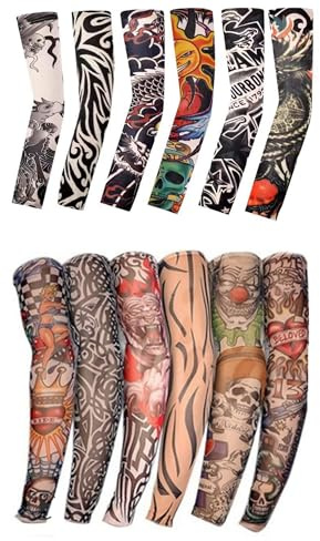 Tattoo-Ärmel Set, 12 Stück, Temporäre Arm-Strümpfe mit Kunstvollem Design, Tribal und Totenkopf Motive