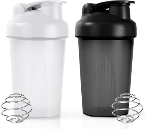 Fefod Protein Shaker, 400ml Botella Mezcladora de Batidos de Proteínas, Taza para Batidos de Proteínas para Fitness, Proteína Shaker a Prueba de Fugas con Bola Mezcladora, Negro + Blanco