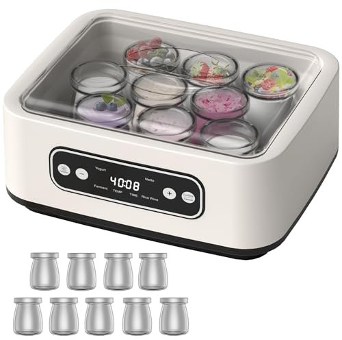 Yogurtera definitiva con 9 tarros, 1600 ml de Gran Capacidad, con Control de Temperatura, automática y eléctrica para Yogur orgánico, Queso y Vino de Frutas en casa with 9 Jars