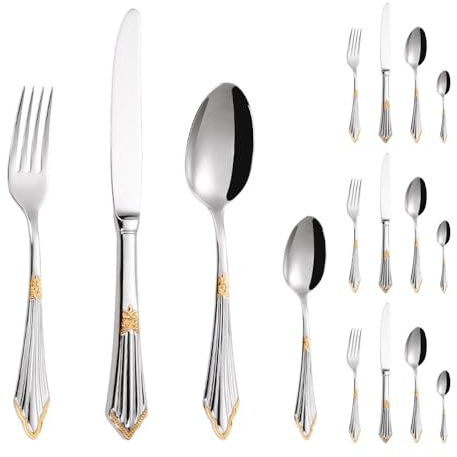 Manico in Rilievo Cucina in Acciaio Inox Argenteria Stoviglie Posate Set Posate Bistecca Coltello Forchetta Cucchiaio Cucchiaino (Argento Oro,16 pezzi)