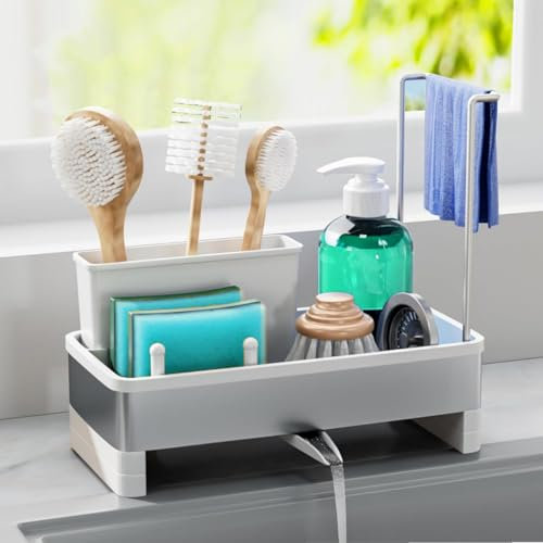 JYFKINN Organisateur d'évier en avec bac d'écoulement Automatique, Porte eponge evier cuisine pour Porte Serviettes Rangement et Organisation de Cuisine Accessoires (Blanc)