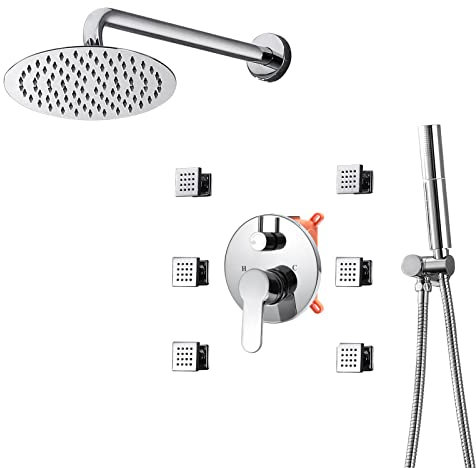 OWOHYG Duschsystem, Chrom, 10 Zoll Regenduschkopf, hoher Druck, mit 2-in-1-Handbrause und 6 Körpersprays, Massageduschkopf, Duscharmatur-Set, Wandmontage oder Deckenmontage (Typ 2)