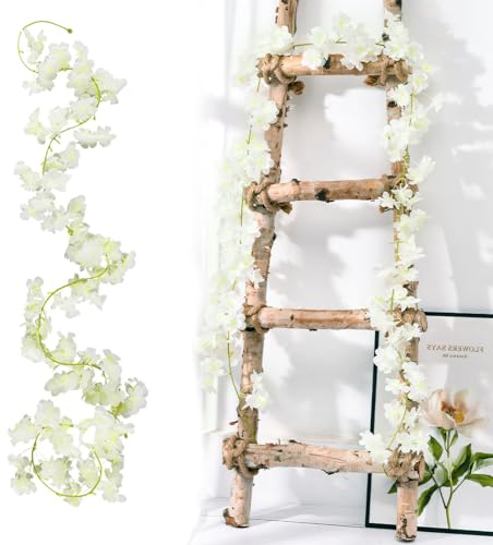 Qivra 2 Stück Weiß Blumengirlande Deko, Kirschblüten Deko 1.8M, Kunstblumen Hängend, 135 Weiß Blütenköpfe Dunkelrosa Blumengirlande, Kunstblumen Hängen für Hochzeit Party Haus Garten Bogen Wände