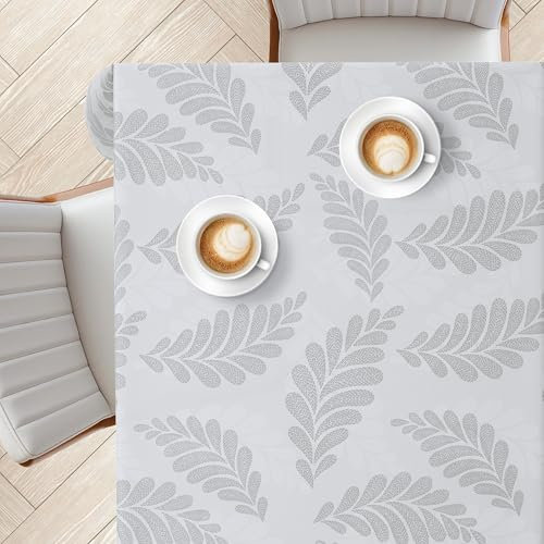 KP HOME Mantel Hule Mesa Rectangular Marfil 200x140cm – Mantel Antimanchas Plateado Limpiable con Tacto Suave y Efecto Lino, Cubierta de Mesa, PVC Tipo Hule Impermeable con Hojas de Helecho Guijarros