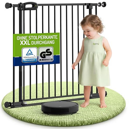 Bomi Treppenschutzgitter Merle Flatstep, Breite 87-95 cm | Türschutzgitter ohne Bohren, stabile Kindersicherung für Kind & Hund, TÜV geprüftes Hundegitter, Türgitter, Treppengitter, Metall Schwarz