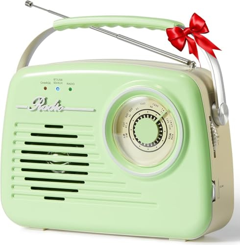 Radios Portable AM FM, Battery Powered & Plug-in Wall, Retro Vintage Radio with Bluetooth, Easy to Use Large Dial for Home/Outdoor/Kitchen (Green)