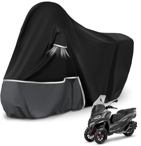 Motorradabdeckung Outdoor passend für Piaggio mp3 400/500 (Ohne Kofferraum) | Wasserdicht Winterfest Motorrad Abdeckplane Abdeckung 420D Oxford-Stoff Motorrad Abdeckung Plane, Schwarz & Dunkelgrau