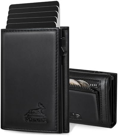 Fa.Volmer ® POP-UP Kartenetui mit Münzfach aus Echtleder für Herren & Damen | 11 Karten | RFID Schutz | Geldbörse (Black, Kleines Münzfach)