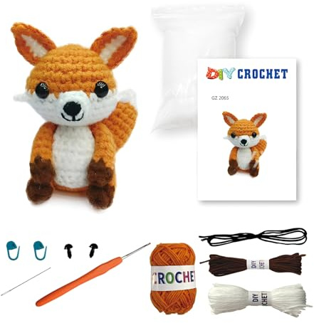 PAEFIU Häkelpaket für Anfänger, Häkelset Tiere, DIY Bastelkunst mit Schritt-für-Schritt-Video-Tutorials, Häkelpakete Kuscheltiere, Easy Garn, für Kinder ab 8 Jahren, Geschenk (Fuchs)