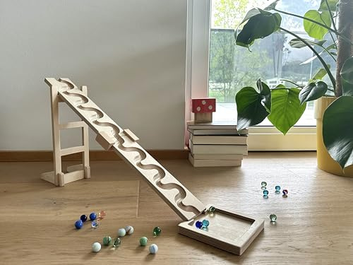Base - Set pista per biglie, 2 piste serpentine con torre, vassoio di raccolta, biglie di vetro, pista per palline, giocattolo in legno