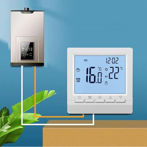 Digital Room Thermostat with LCD Display, Programmable Temperature Controller for Gas Boiler and Underfloor Heating, Wall Mounted or Freestanding Installation, 5+2 Week Sche