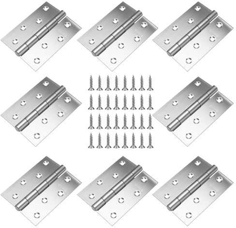 JOIKIT 8 Pack 4 x 3 Inch Stainless Steel Door Hinges, 100 x 75mm Metal Butt Hinges with Screws for Cabinet, Windows, Boxes, Silver