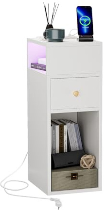ChromaCasa Comodino Stretto Camera da Letto con Prese e Luce LED RGB, Comodini Stretti con 2 AC 2 USB Porta, 1 Cassetti e 2 Scompartimento aperto per Camera da Letto Soggiorno, Bianco 30x25x66cm