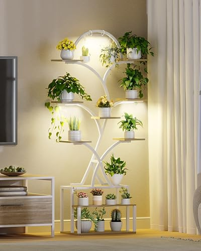 Hzuaneri Pflanzenständer mit Wachstumslicht, Metall-Holz-Pflanzenregal mit 10 Etagen und 3 LEDs, Geeignet für Wohnzimmer, Innen & Außenbereich, Garten und Balkon, 168 cm, (Weiß, 1er Set)