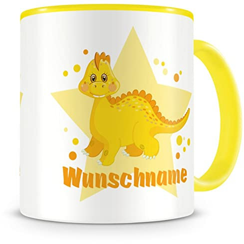 Samunshi® Kindertasse mit Namen Tasse gelber Dino Personalisierte Tasse mit Namen Kinder Kinderbecher personalisierter Text Namenstasse Kindergarten gelb 300ml
