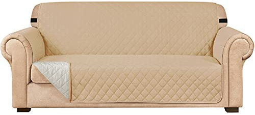 subrtex Funda de sofá Reversible Acolchada para 1,2,3 plazas Funda de Silla para Mascotas y niños con Correas Elásticas Protector de Muebles (2 Plazas, Arena)
