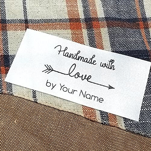 Set of 100pcs Custom Fabric Clothing Label Personalized Sewing tag Handmade with Love Arrow Design White Silky Satin Sewing tag Flat Sewing Label sew in