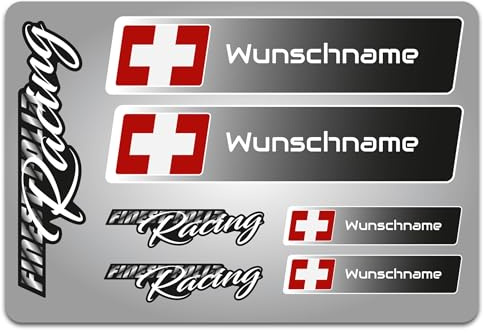 4er Set Aufkleber mit Fahne Flagge und wahlweise Name Sticker für Auto Fahrrad Motorrad Roller Helm im Rallye Racing Design R156 (27 Schweiz, Mit Wunschname)