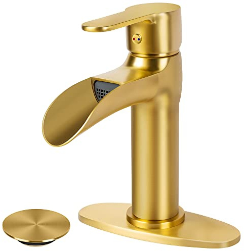 SOKA Gold Bathroom Faucet Waterfall Bathroom Sink Faucets Single Handle Single Hole Lavatory Washbasin Faucet with Pop Up Drain, Modern Vanity Sink Faucet