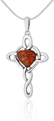 AMBEDORA Damen Halskette 925 Silber Oxidiert Herz Baltischer Bernstein Kreuz Anhänger mit Bernstein Herz in Cognac Farbe auf Kette Fertig zum Geschenk Set