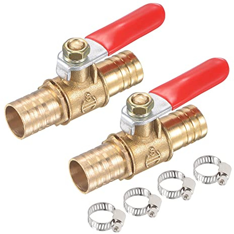 sourcing map Brass Air Ball Valve Shut Off Switch 12mm Hose Barb to 12mm Hose Barb with Clamps Red Handle 2Pcs