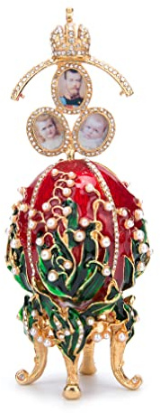 QIFU Vintage Red Lily of The Valley Easter Egg Style Enameled Collectible Figurine with Pearl and Rhinestone, Unique Gift for Home Decor