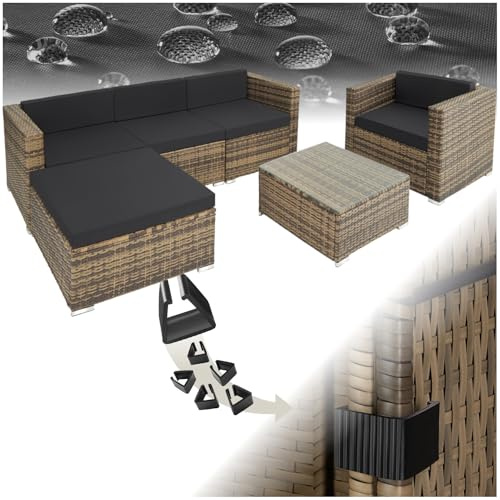 tectake® Ensemble Salon de Jardin Exterieur en Poly Rotin 5 Places 1 Canapé 1 Fauteuil Salon 1 Tabouret Pouf et 1 Table de Jardin, Facile d'entretien, Mobilier de Jardin pour Amenagement Balcon