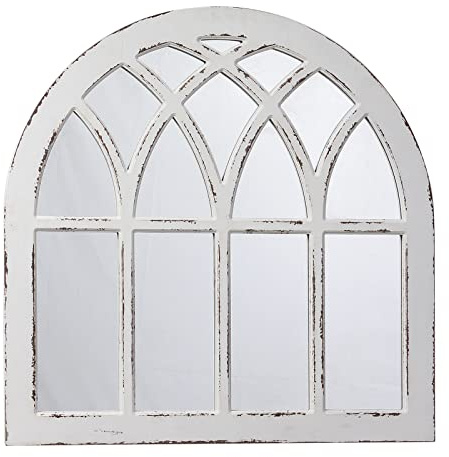 Sintosin Espejos de ventana arqueados blancos vintage para decoración de pared de 32 pulgadas, estilo rústico envejecido, marco de madera, espejo de ventana para sala de estar, dormitorio, chimenea,
