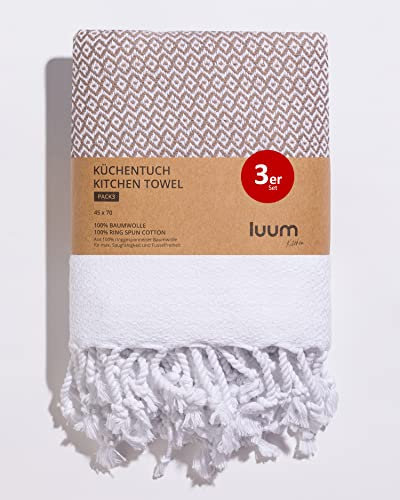 Luum® 3er Set Geschirrtücher, Geschirrhandtücher, Küchentücher, Küchenhandtücher, 100% ringgesponnene Baumwolle, schnelltrocknend, fusselfrei, Latte, 45x70, Geschenkset