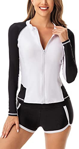 SEAUR Rash Guard Damen Langarm UPF 50+ UV Schutz Zweiteiler Badeanzug Schwimmanzug Slim Fit Sonnenschutz Bademode Shirt und Shorts - M