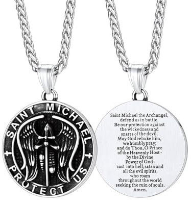 FaithHeart Stainless Steel Saint Michael Pendant Necklace, Men's Archangel Jewelry St.Michael Coin Necklaces, Prayer's Gifts for Baptism Christening