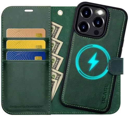 OCASE Kompatibel für iPhone 15 Pro Max Hülle (2in1) Leder Stoßfestes Case [Abnehmbare magnetische Hülle] [Kabelloses Laden] [Kartenfach] Handyhülle RFID Schutzhülle Etui Dunkelgrün 6,7 Zoll