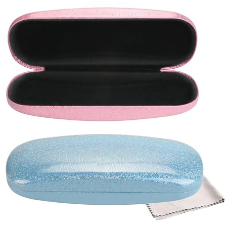 2 Pcs Hard Shell Eyeglasses Case, Glitter Glasses Case for Women, Men, Kids | PU Leather Spectacle Cases with Cleaning Cloth, Portable Hard Sunglasses Case for Most Glasses Storage