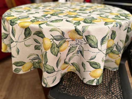 Hortensias Home Round Tablecloth Lemon Print, yellow kitchen decor, Lemon tablecloth, summer vibe in kitchen, citrus table cover, Lemon Linen (diam. 140 cm)