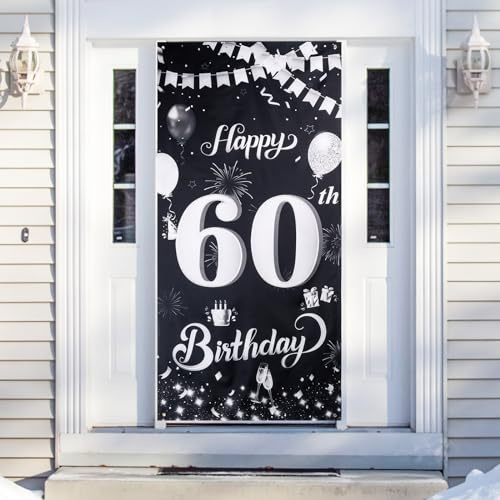 Minicloss 60. Geburtstag Banner Deko Schwarz Silber 185x90cm, Happy Birthday Banner für Frau Mann 60 Party Geburtstagsdeko