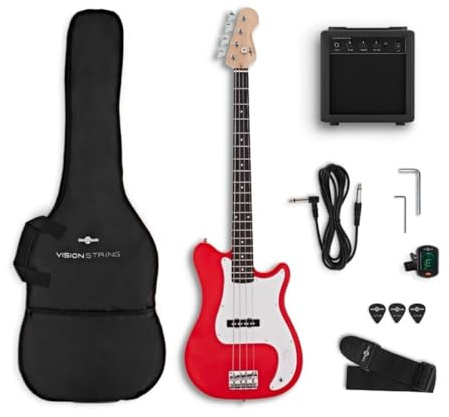 VISIONSTRING Elektrisk basgitarr och förstärkarsats för vuxna och nybörjare Full Size Basgitarrer, röd
