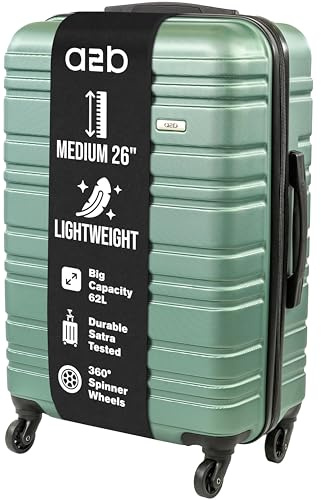 A2B 26 Medium Lightweight Hard Shell Suitcase - Sage Coloured Luggage with 4 Spinner Wheels, Durable ABS Travel Cases for Holiday, Stress Tested Zippers (Sage, Medium)