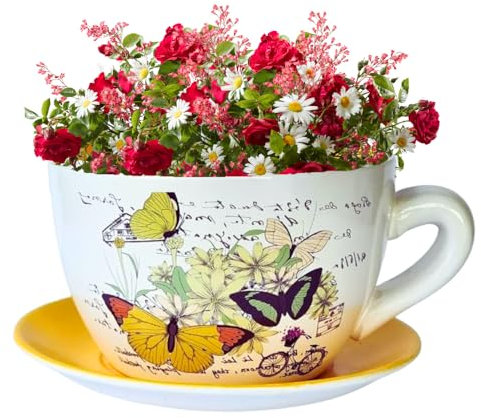 hadaaya 7.5” Round Ceramic Teacup Shape Planter Pot with Saucer for Succulents Orchid Herbs Cactus Indoor Houseplants Flowers for Home Garden and Event Decor – Yellow Butterfly Garden