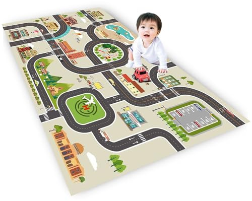 AXHMZYD Autoteppich Kinder spielteppich straße Junge,kinderteppich Jungen & Mädchen straßenteppich kinderzimmer groß,Bauteppich Stadtstadt Fahrzeug Spielmatte Lernbereich Teppiche,grau,Grün 120x180cm