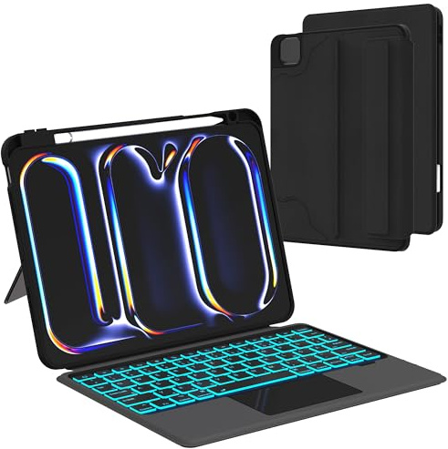Tastatur Hülle für iPad Pro 11 Zoll (M4) 2024 - Abnehmbare Magnetisch 7 Farbige Beleuchtung Touchpad Tablet Cover mit Stifthalter - Beleuchtete Deutsches QWERTZ Layout Tastatur für iPad 11 M4 Schwarz