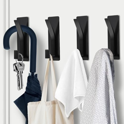 AUXHCYL Self Adhesive Hooks, 4 Pcs Stick on Hooks Heavy Duty for 6KG Weight, Sticky Hook for Hanging,Wall and Door Hook for Towel Coat Hat in Bathroom Kitchen Shower(Black)