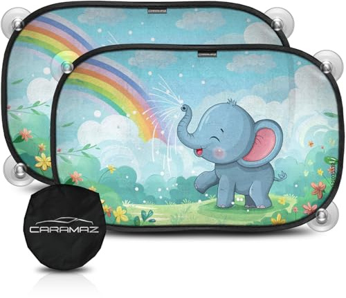Parasol Coche con protección UV certificada Óptima Oscuridad - Autoadhesivo, para Proteger del Sol a bebés y Mascotas, 2 parasoles para bebé de 51x31 cm, Diseño Ballophant